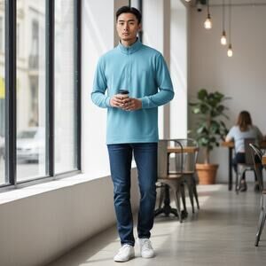 Mofiz Mens Long Sleeve Polo Shirt XL Aqua Blue Zips at Neck Pullover Lightweight